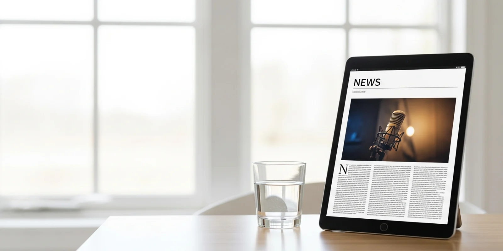 창가 탁자 위 태블릿에 열린 방송 인터뷰 기사