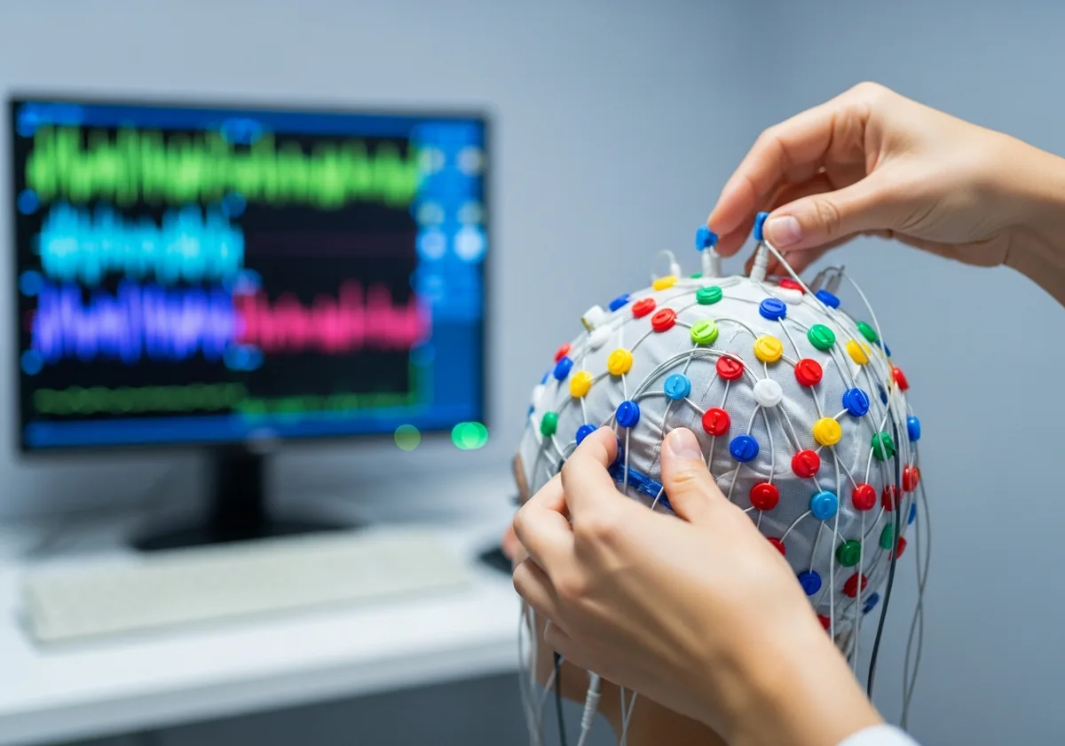 뇌파(EEG) 캡을 씌워 뇌기능을 측정하는 모습
